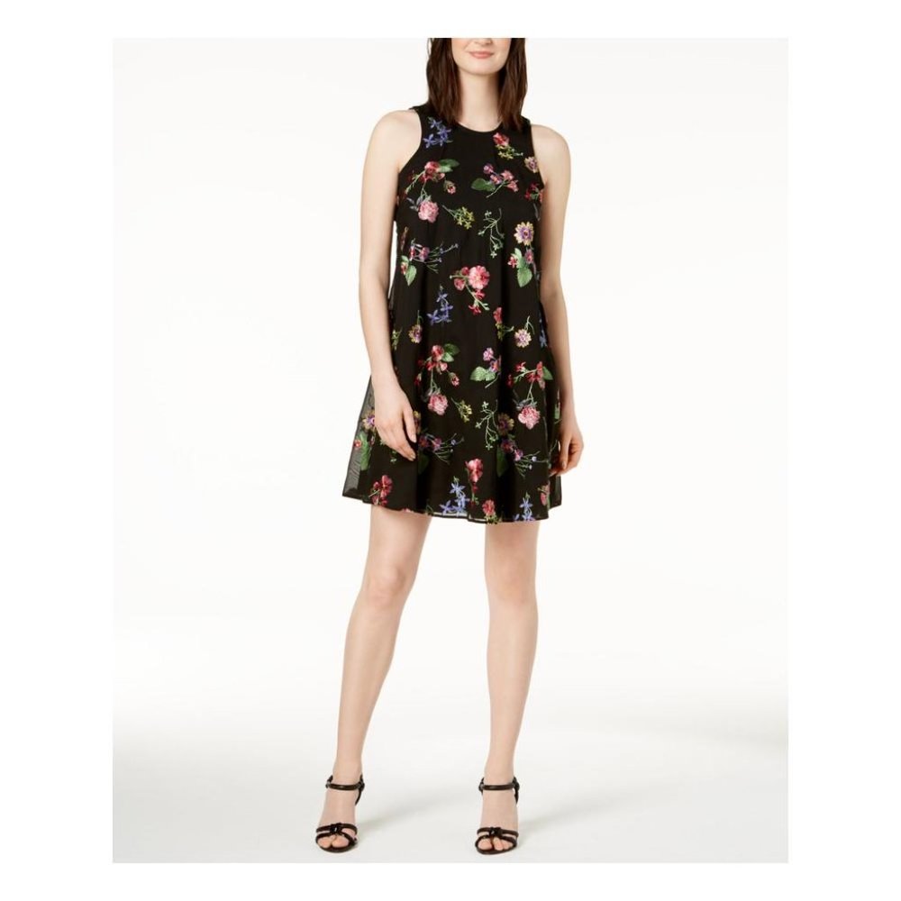 CALVIN KLEIN Womens Black Floral Embroidered Sleeveless Jewel Shift Dress Size 6
